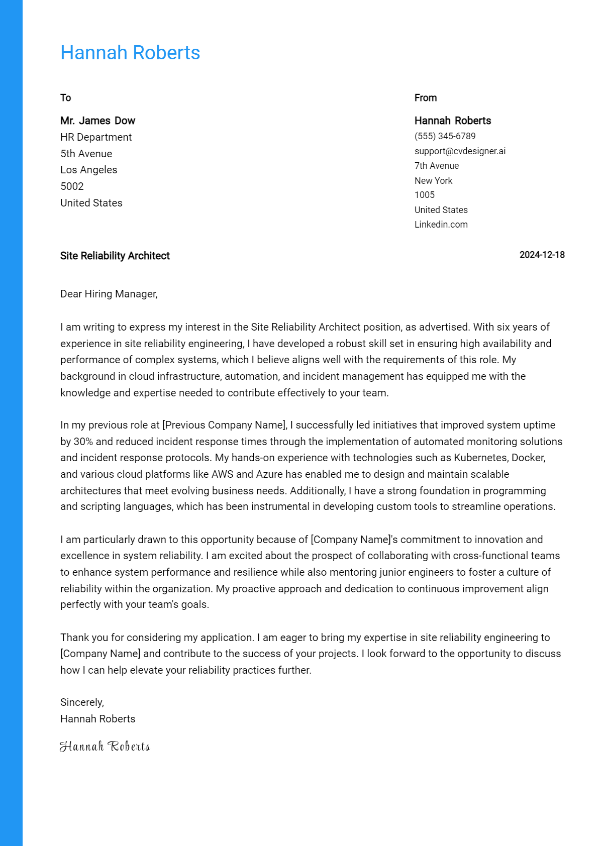 site reliability architect cover letter example