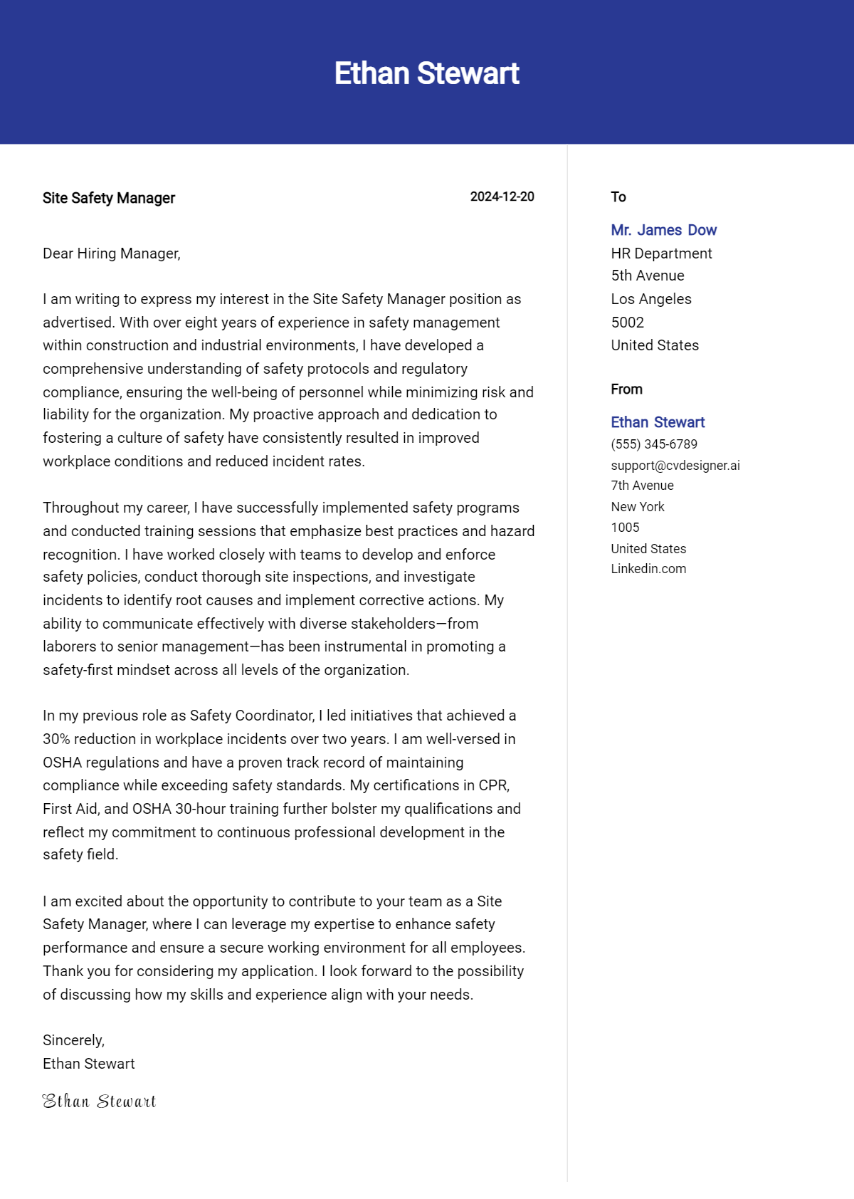 site safety manager cover letter example