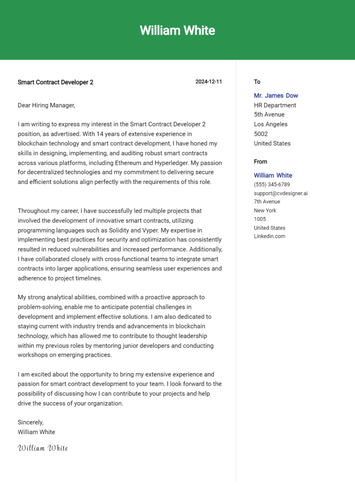 smart contract developer 2 cover letter example