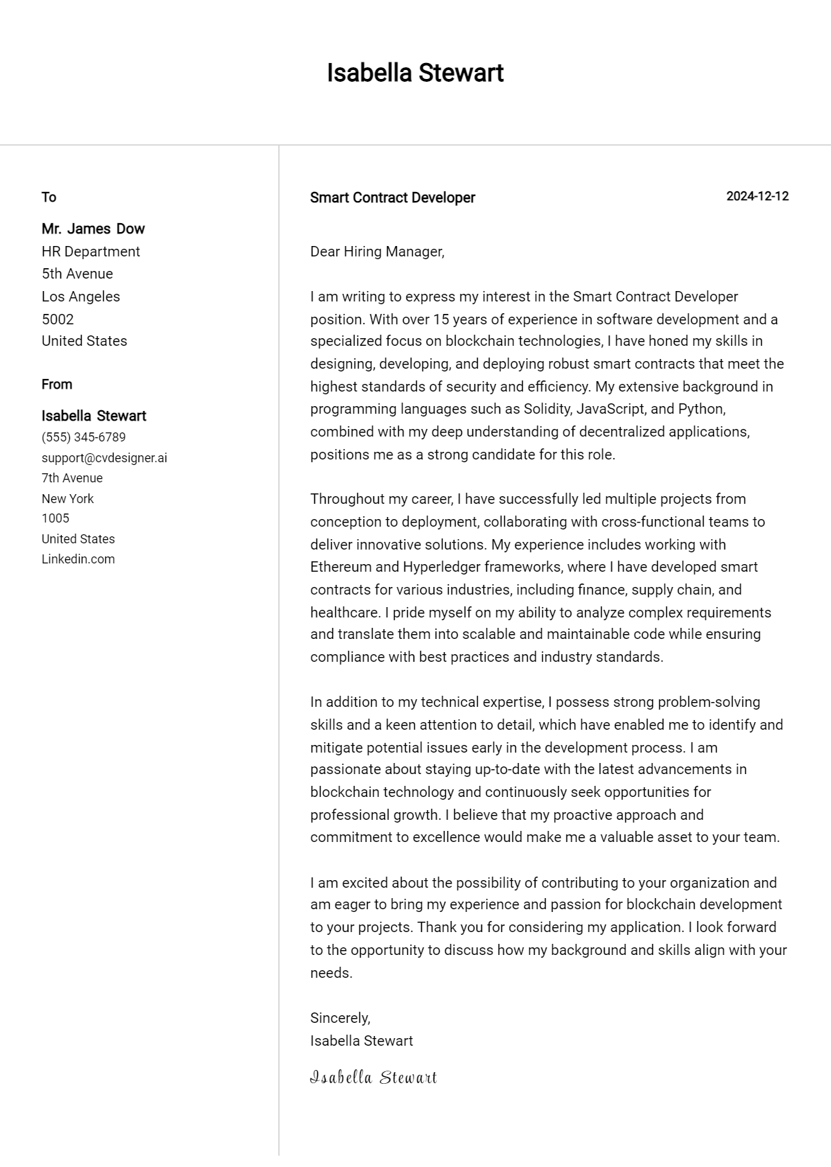 smart contract developer cover letter example
