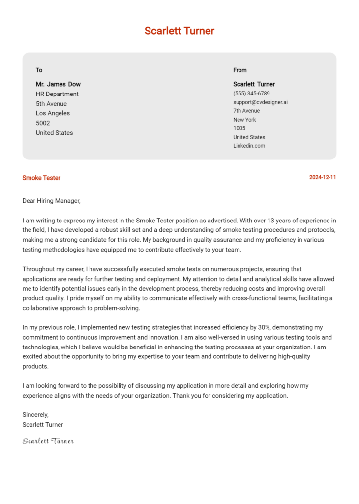 smoke tester cover letter example