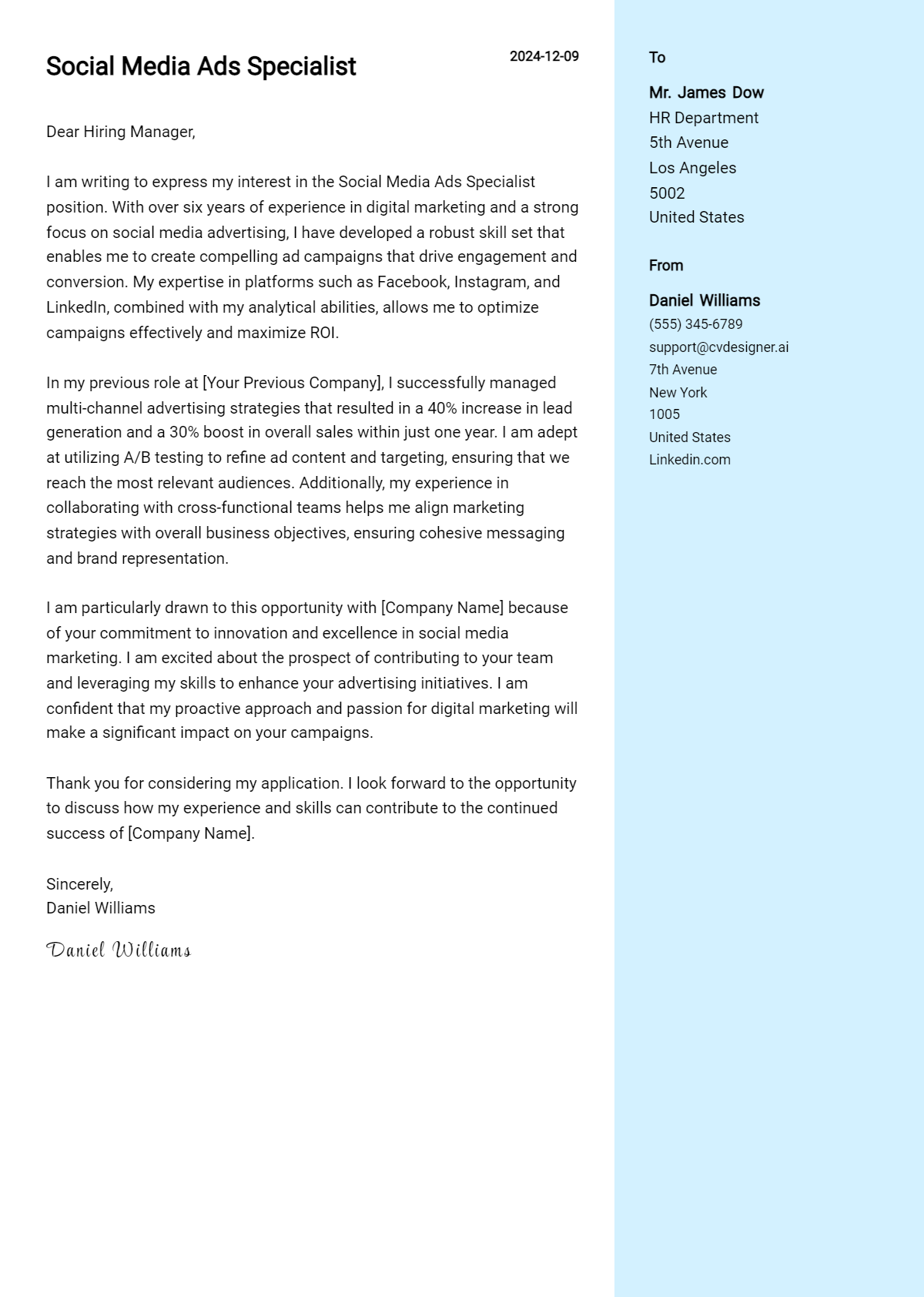 social media ads specialist cover letter example