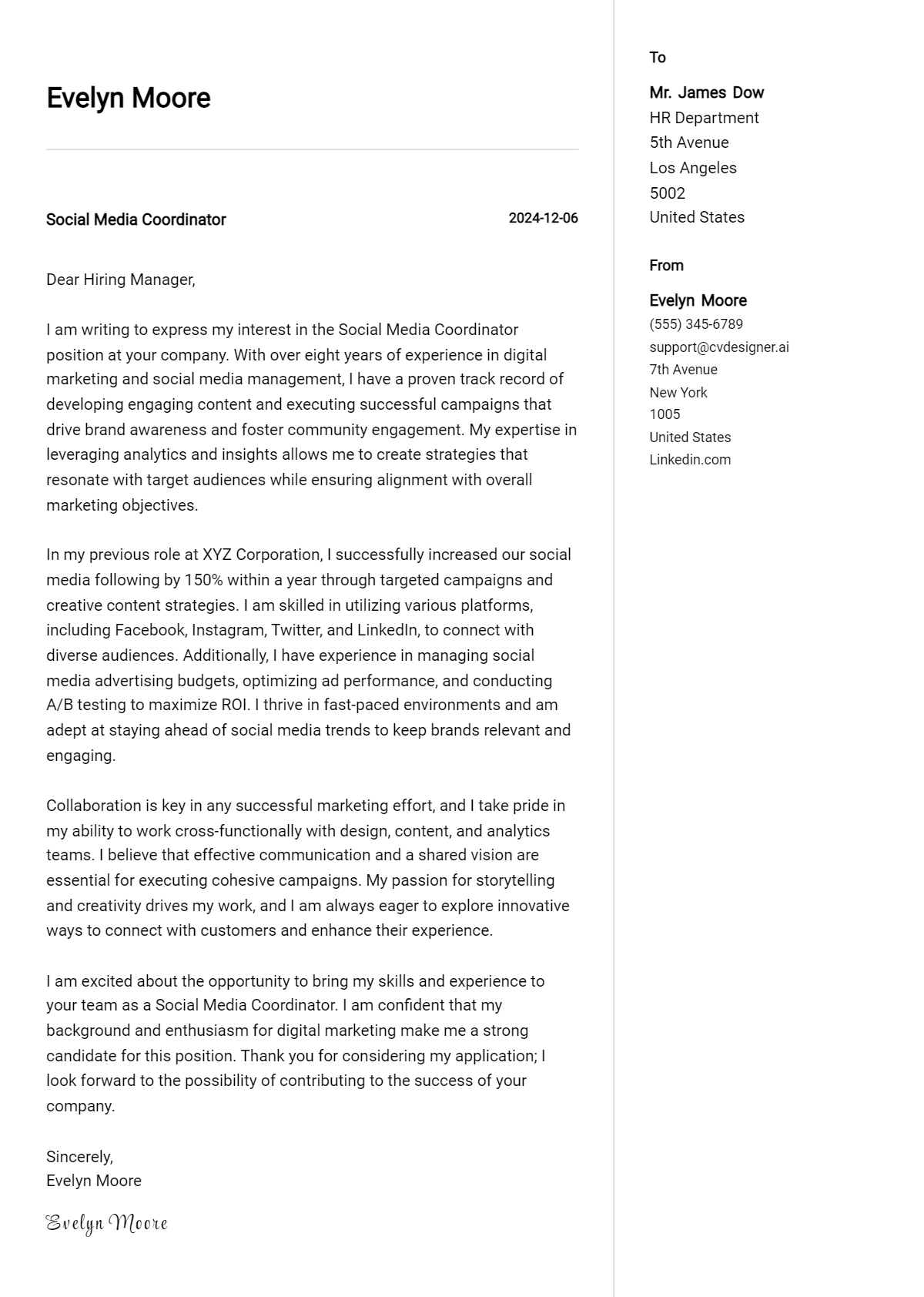 social media coordinator cover letter example