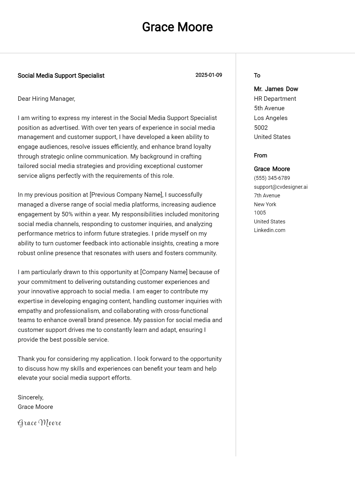 social media support specialist cover letter example