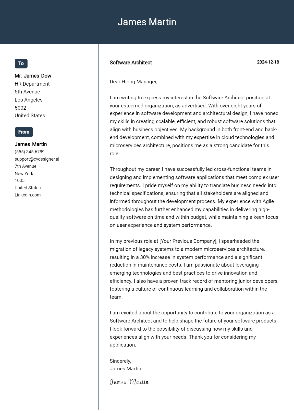 software architect cover letter example
