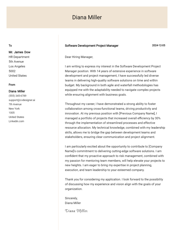 software development project manager cover letter example