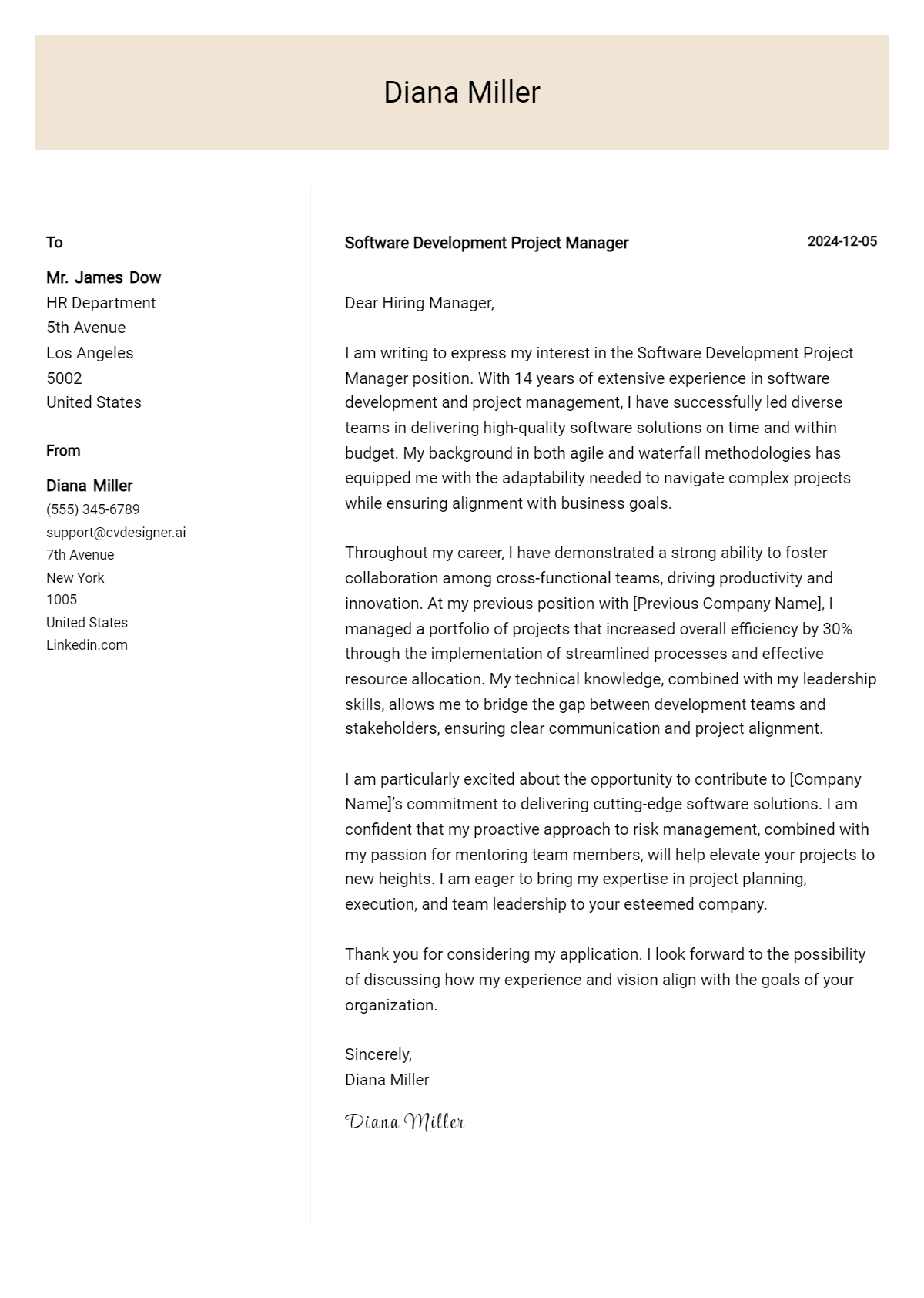 software development project manager cover letter example