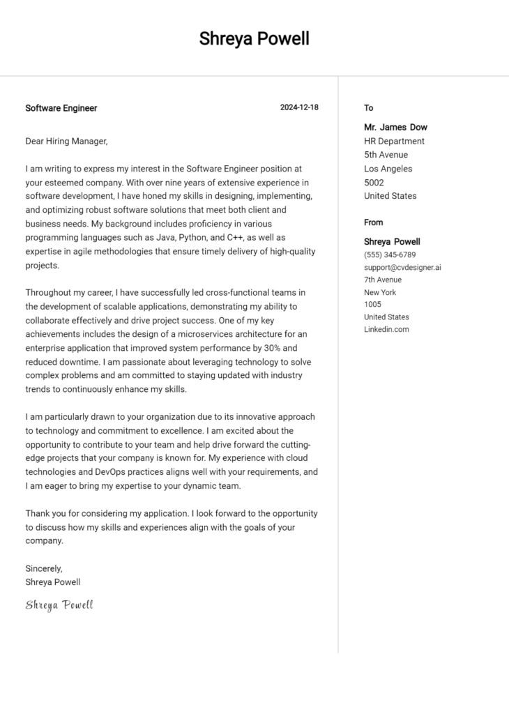 software engineer cover letter example