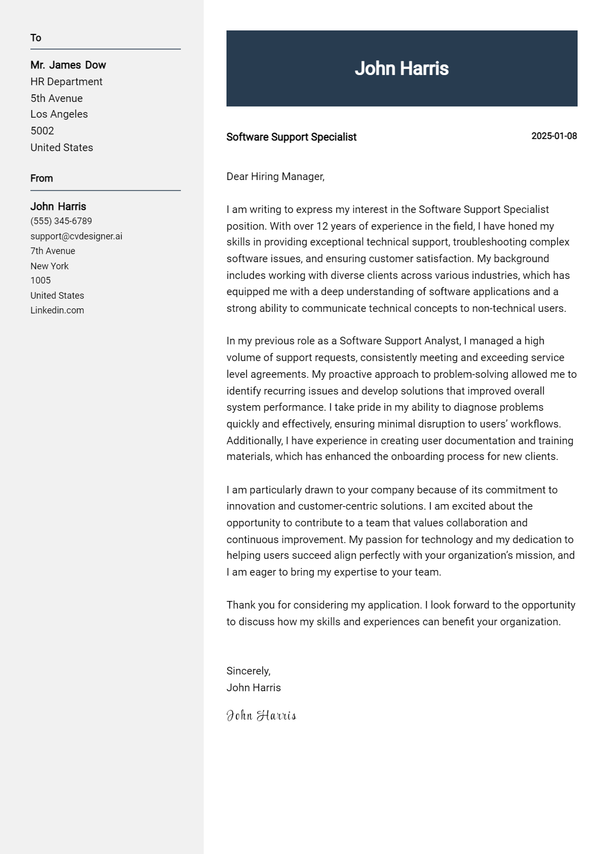 software support specialist cover letter example