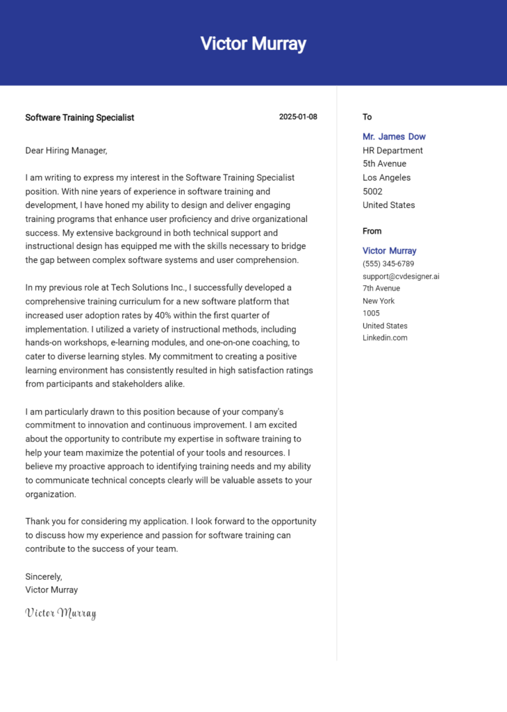 software training specialist cover letter example