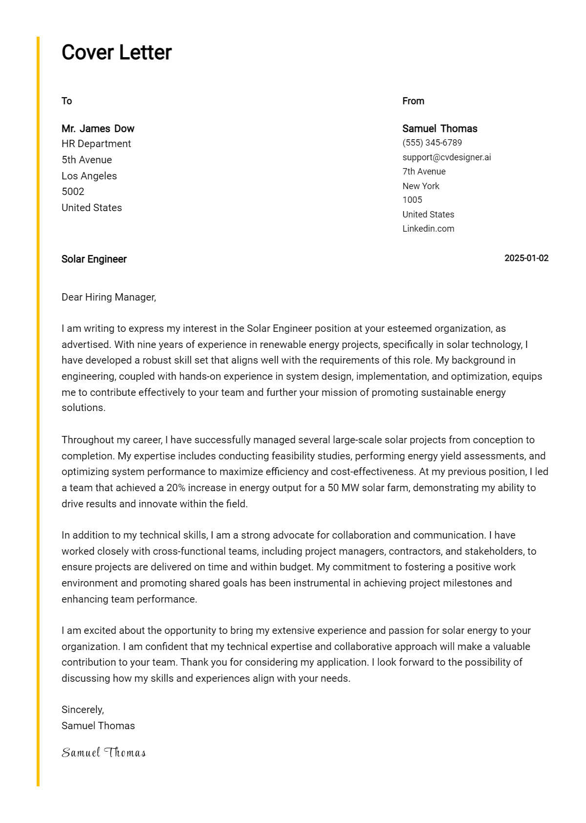 solar engineer cover letter example