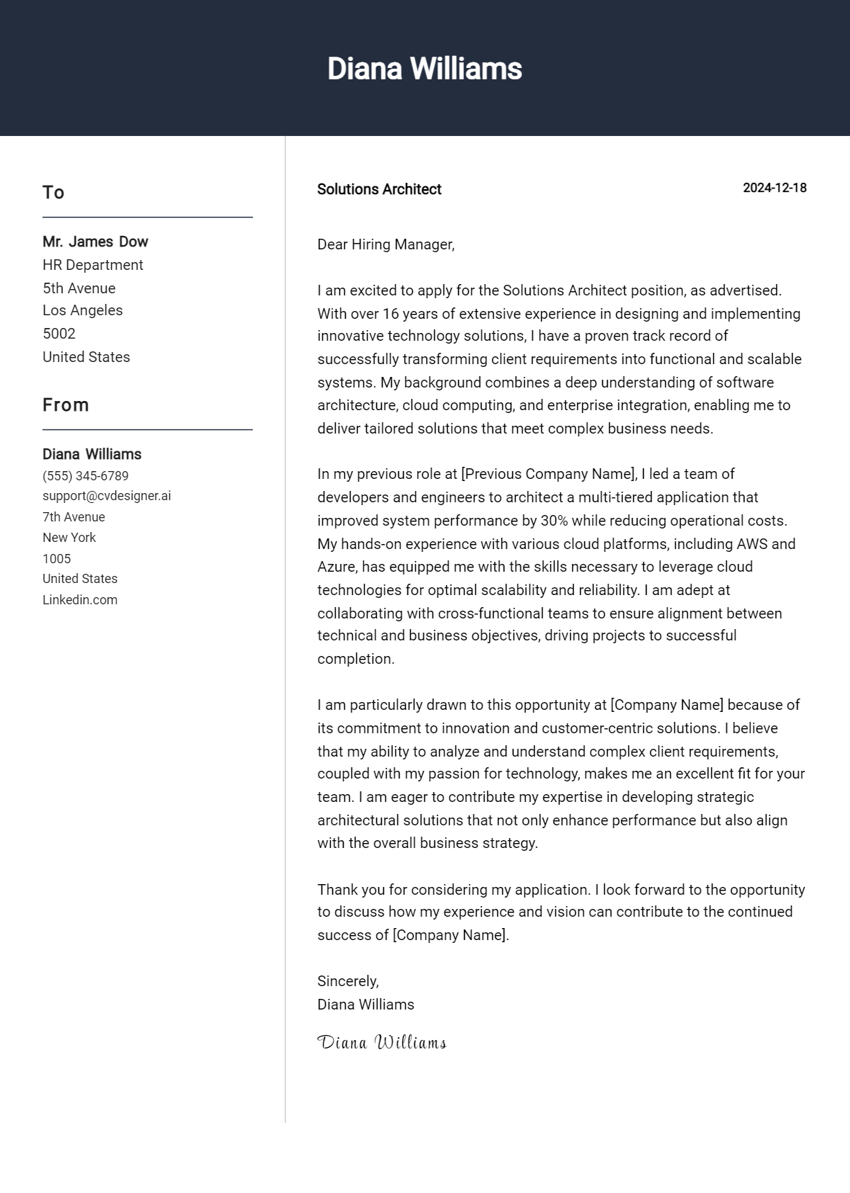 solutions architect cover letter example