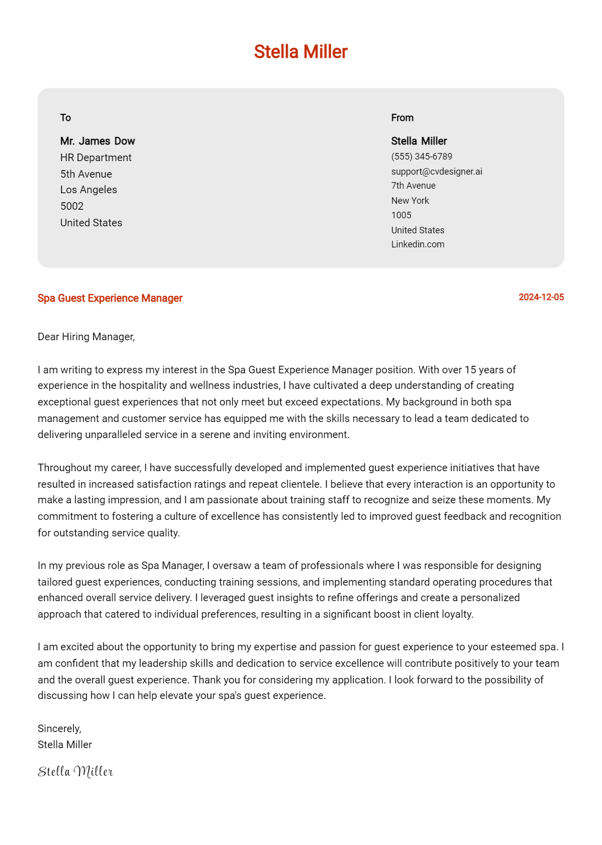 spa guest experience manager cover letter example