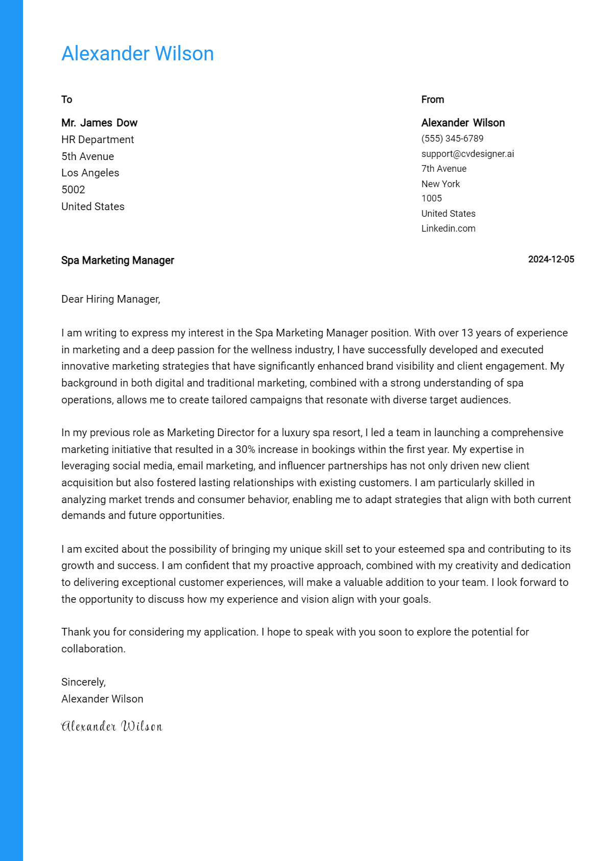 spa marketing manager cover letter example