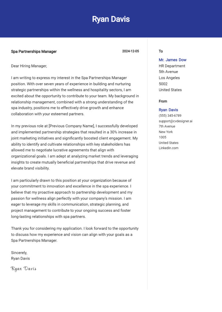 spa partnerships manager cover letter example