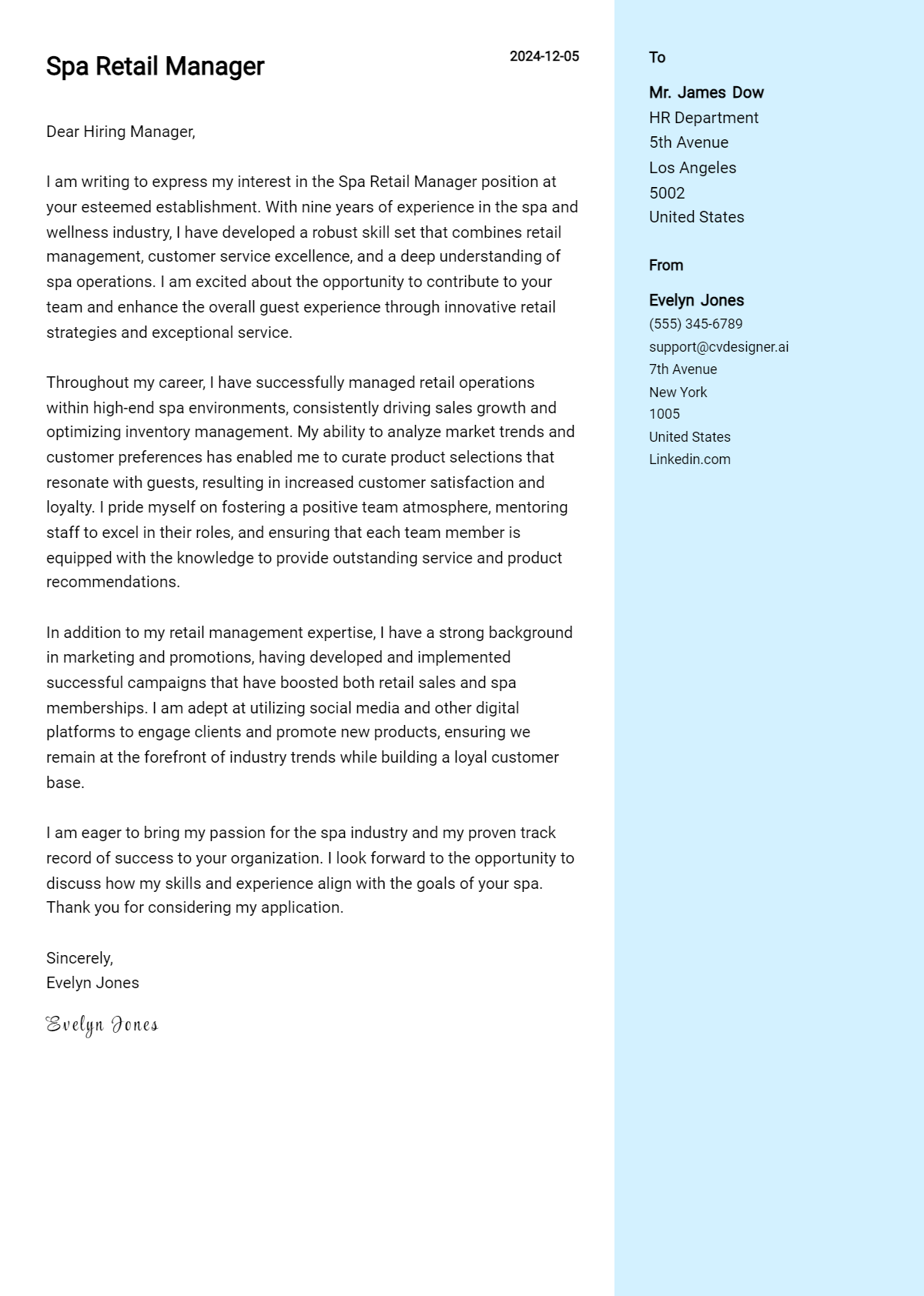 spa retail manager cover letter example