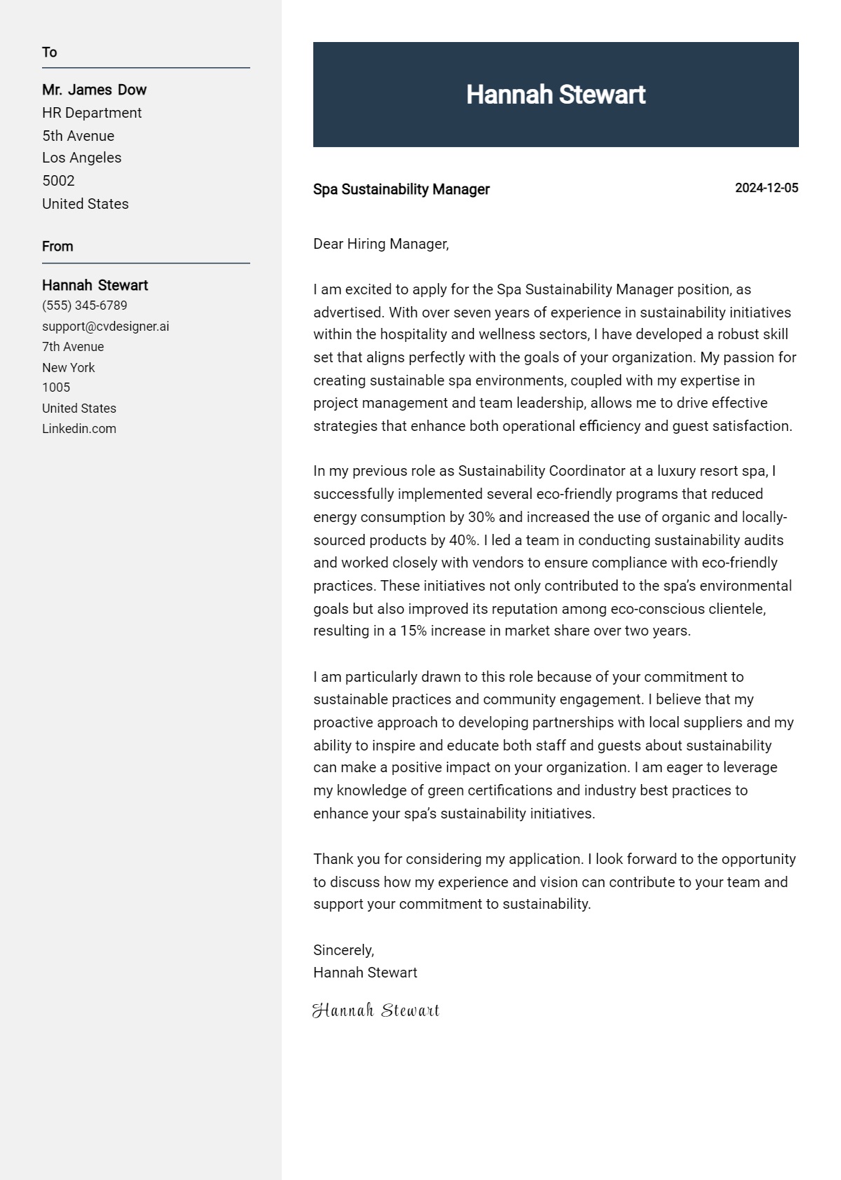 spa sustainability manager cover letter example