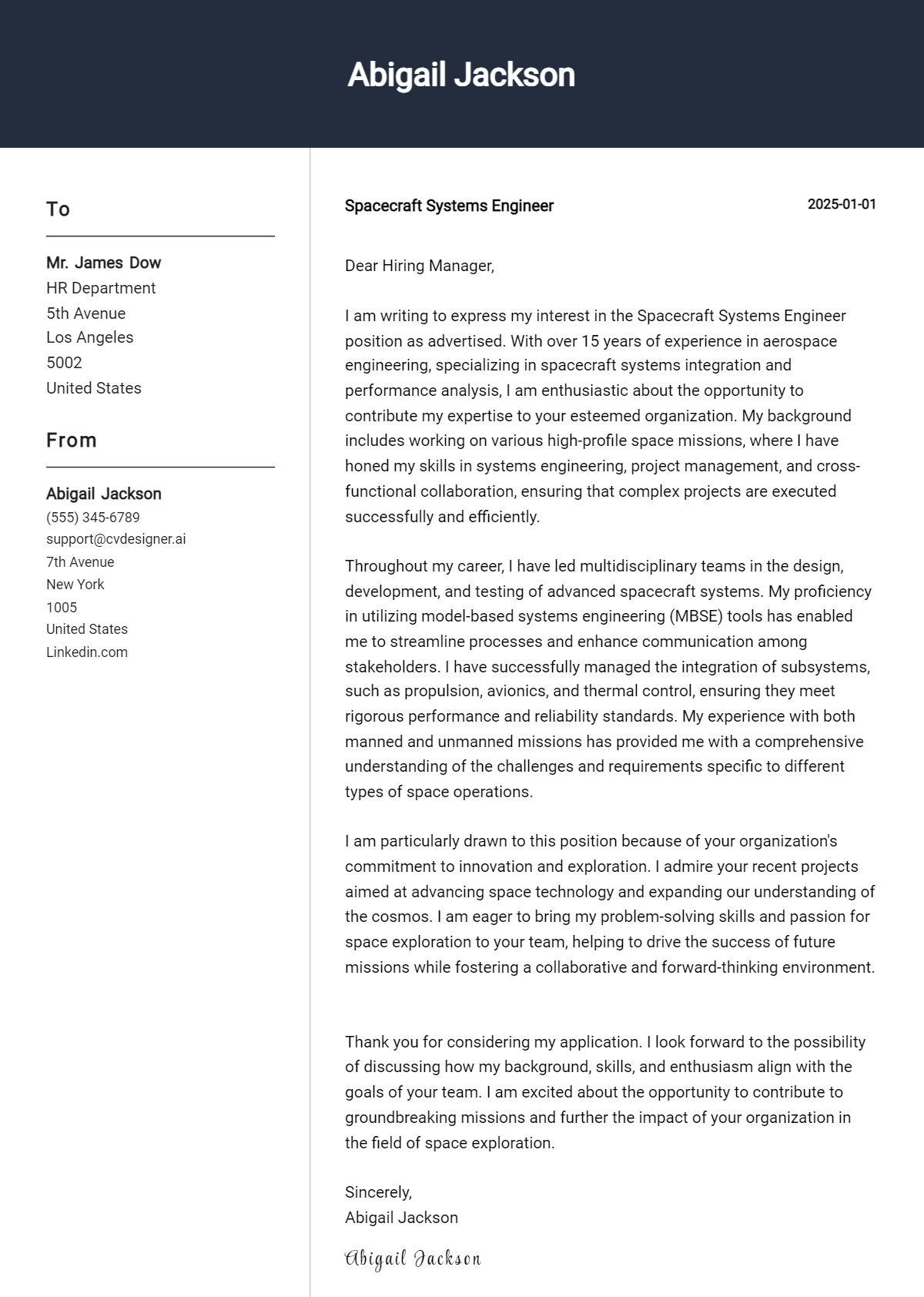 spacecraft systems engineer cover letter example