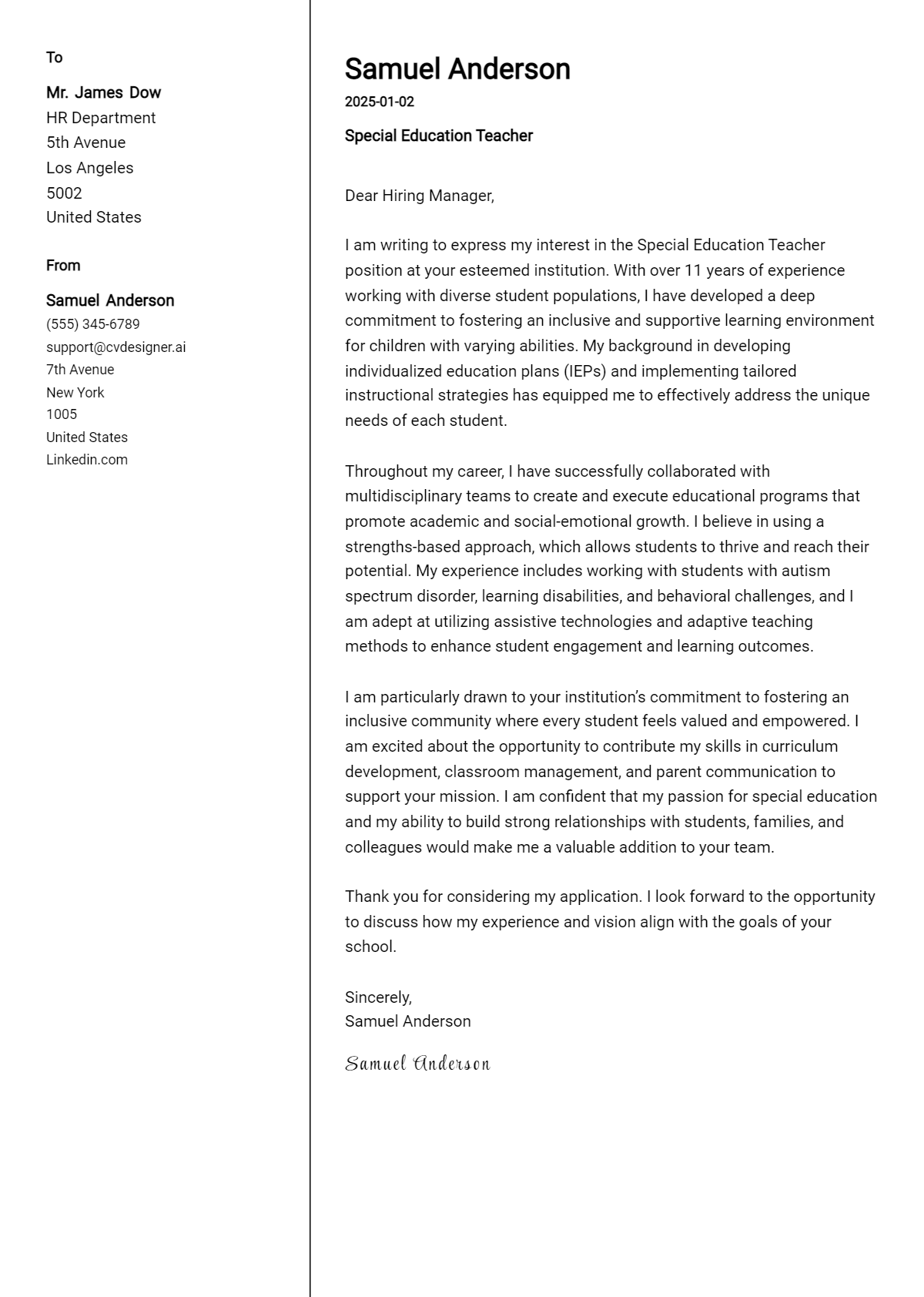 special education teacher cover letter example