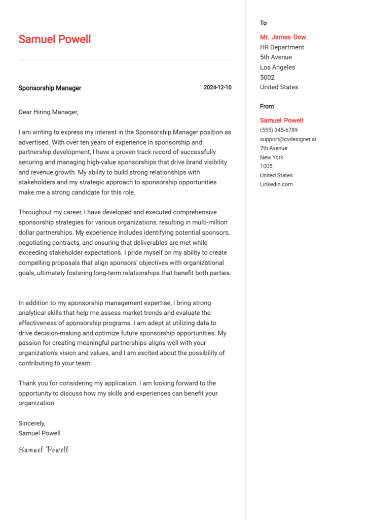 sponsorship manager cover letter example