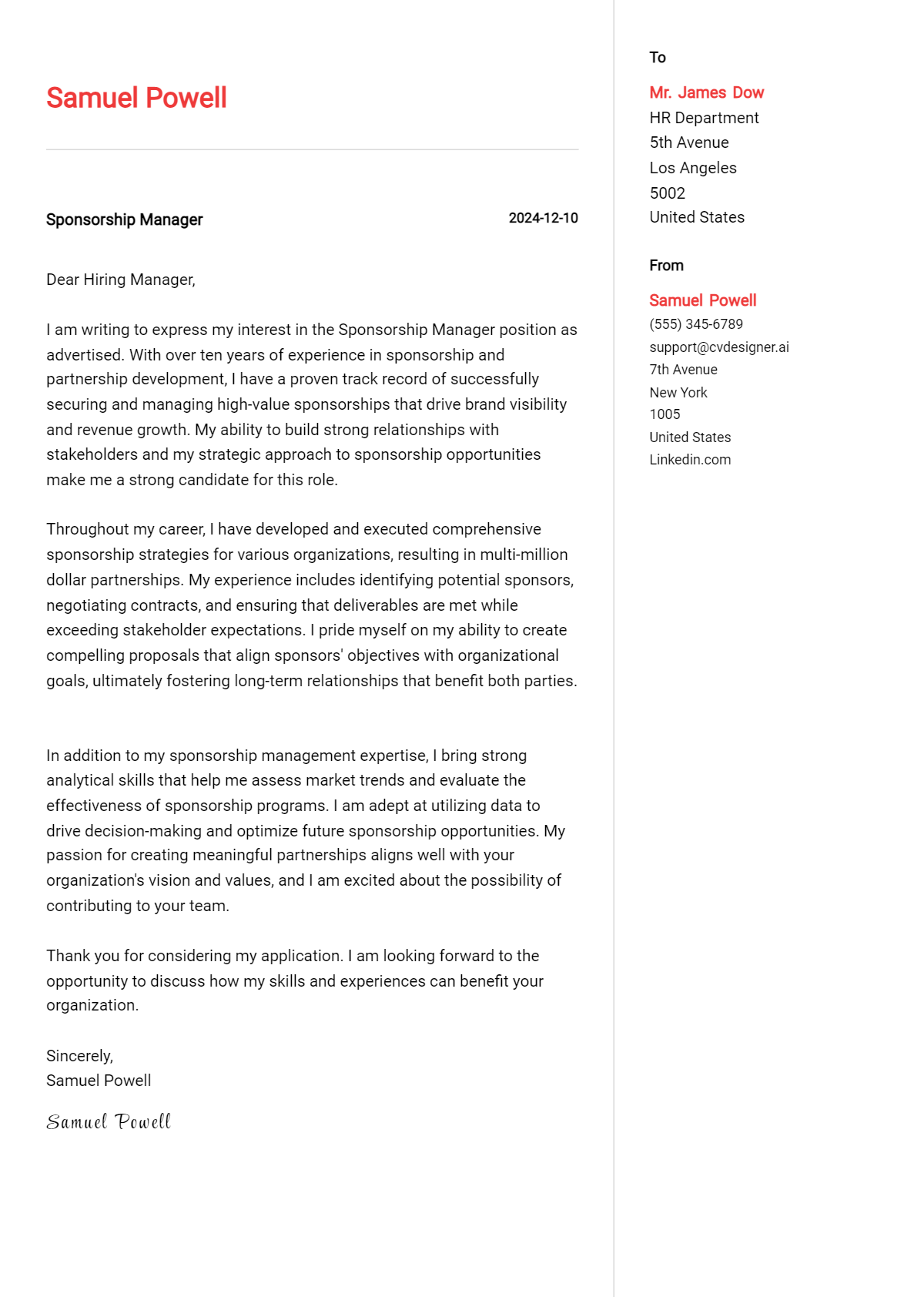 sponsorship manager cover letter example