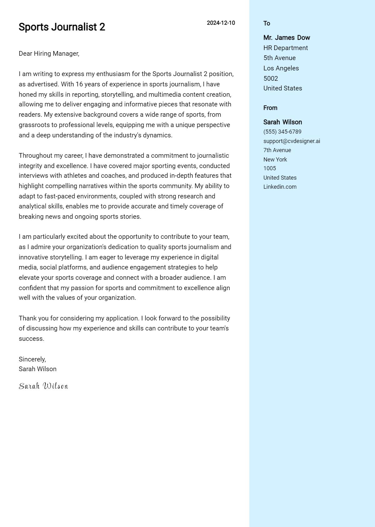 sports journalist 2 cover letter example