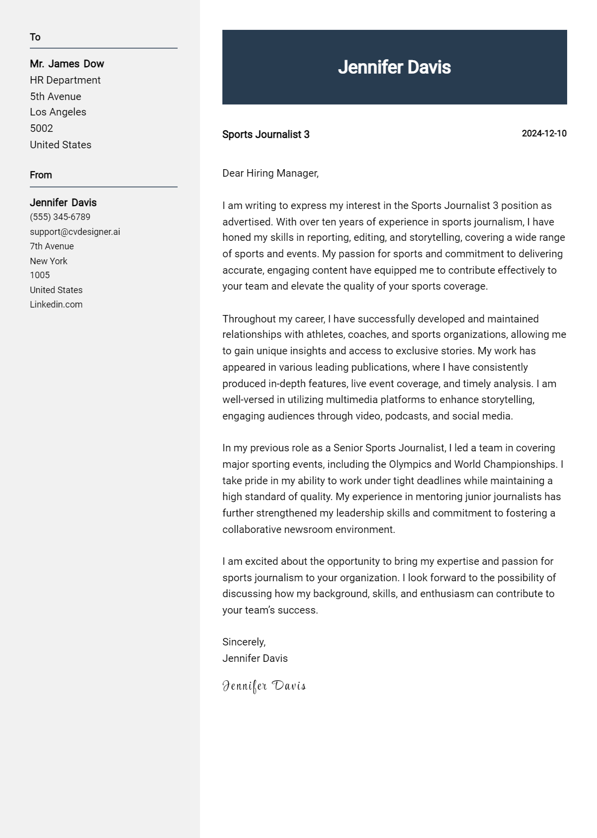 sports journalist 3 cover letter example