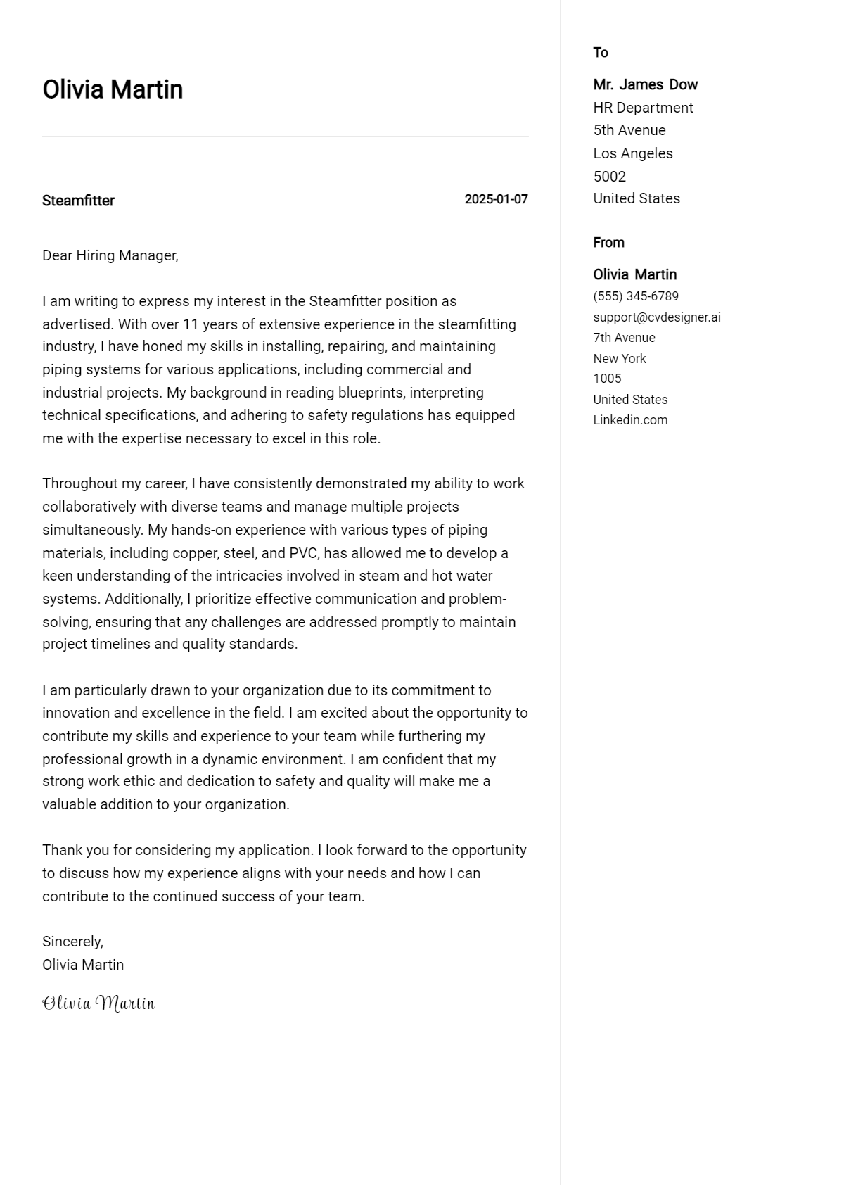 steamfitter cover letter example