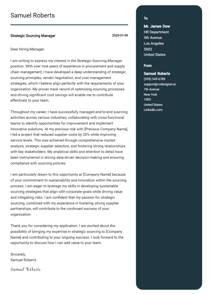 strategic sourcing manager cover letter example