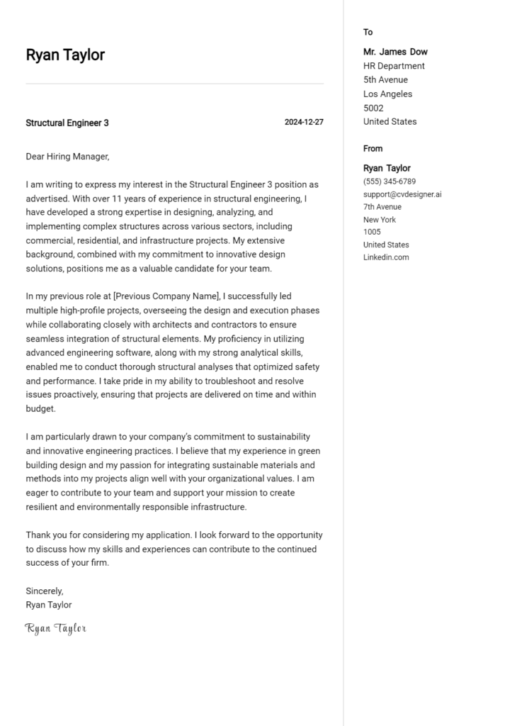 structural engineer 3 cover letter example