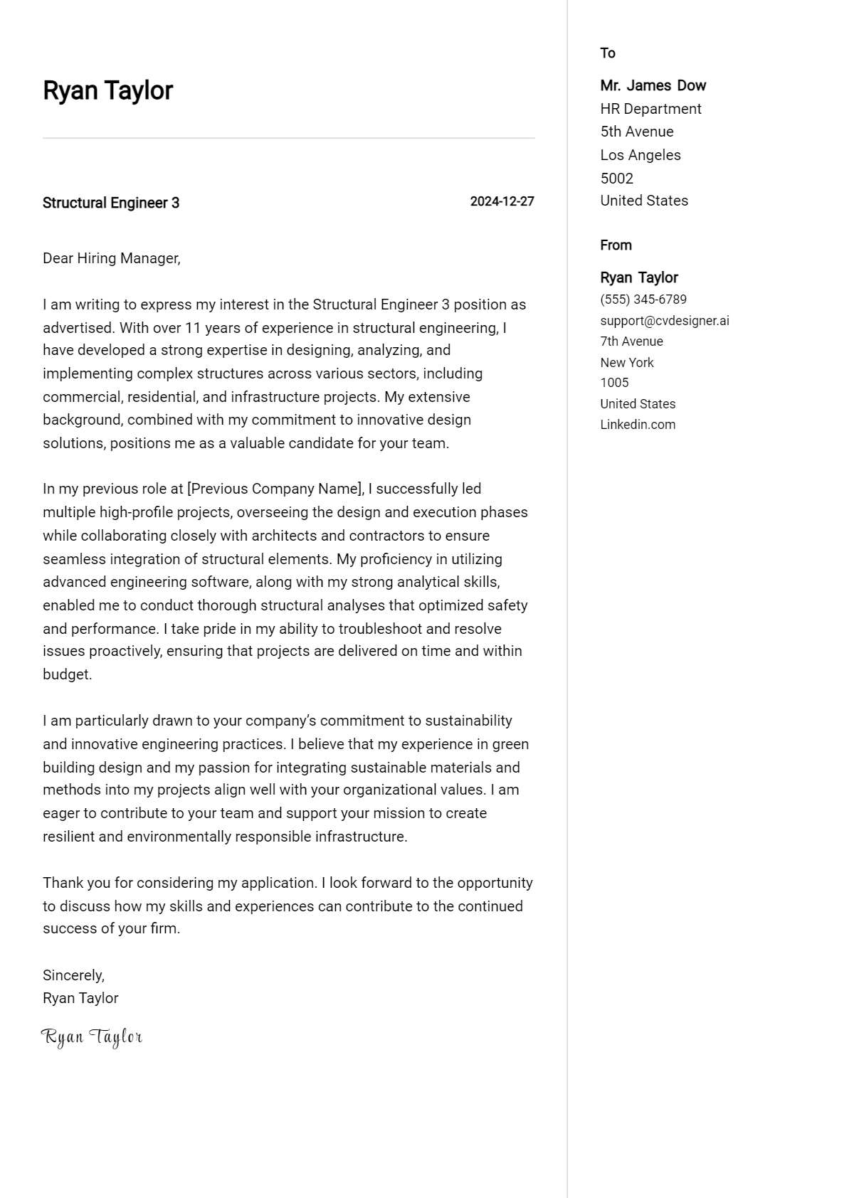 structural engineer 3 cover letter example