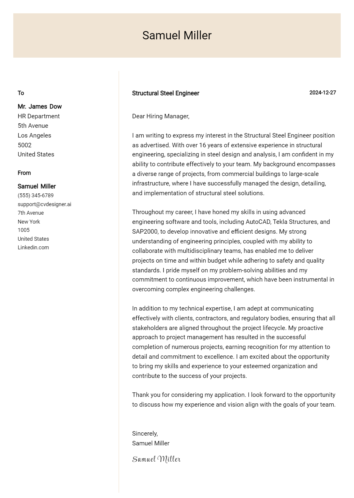 structural steel engineer cover letter example