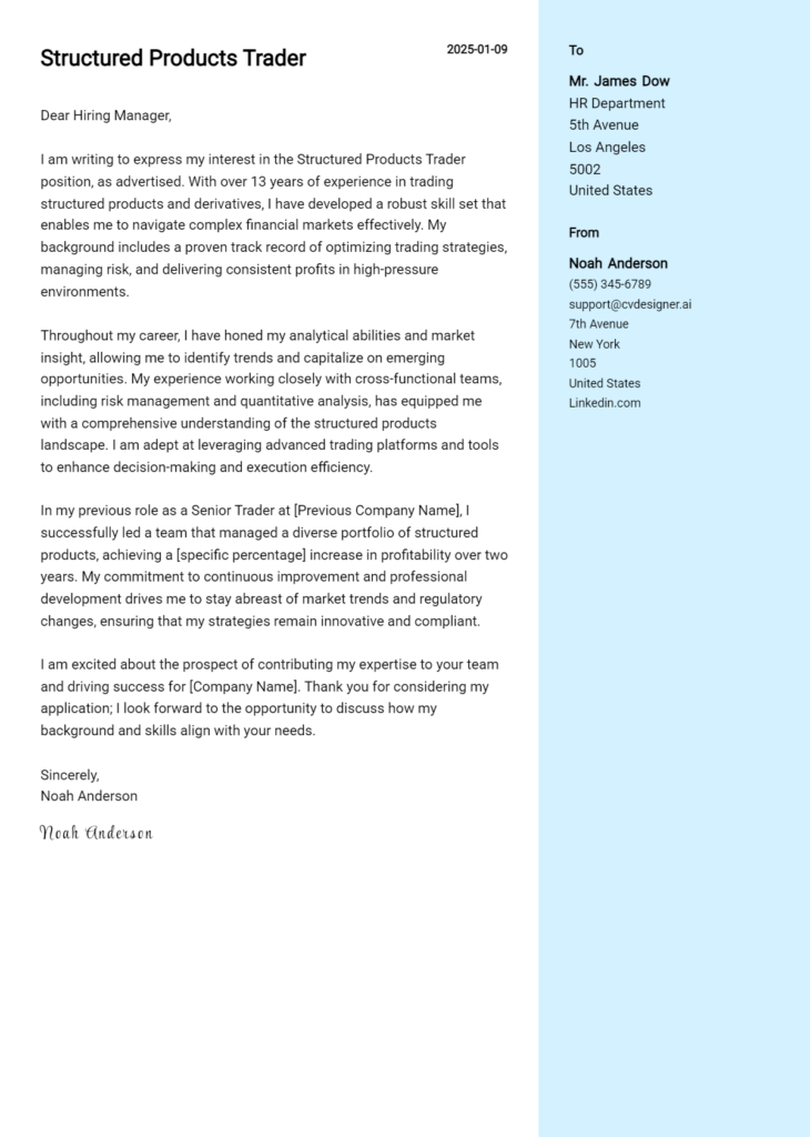 structured products trader cover letter example