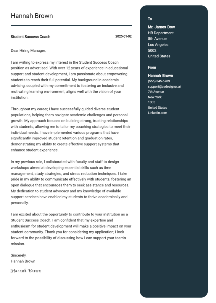 student success coach cover letter example