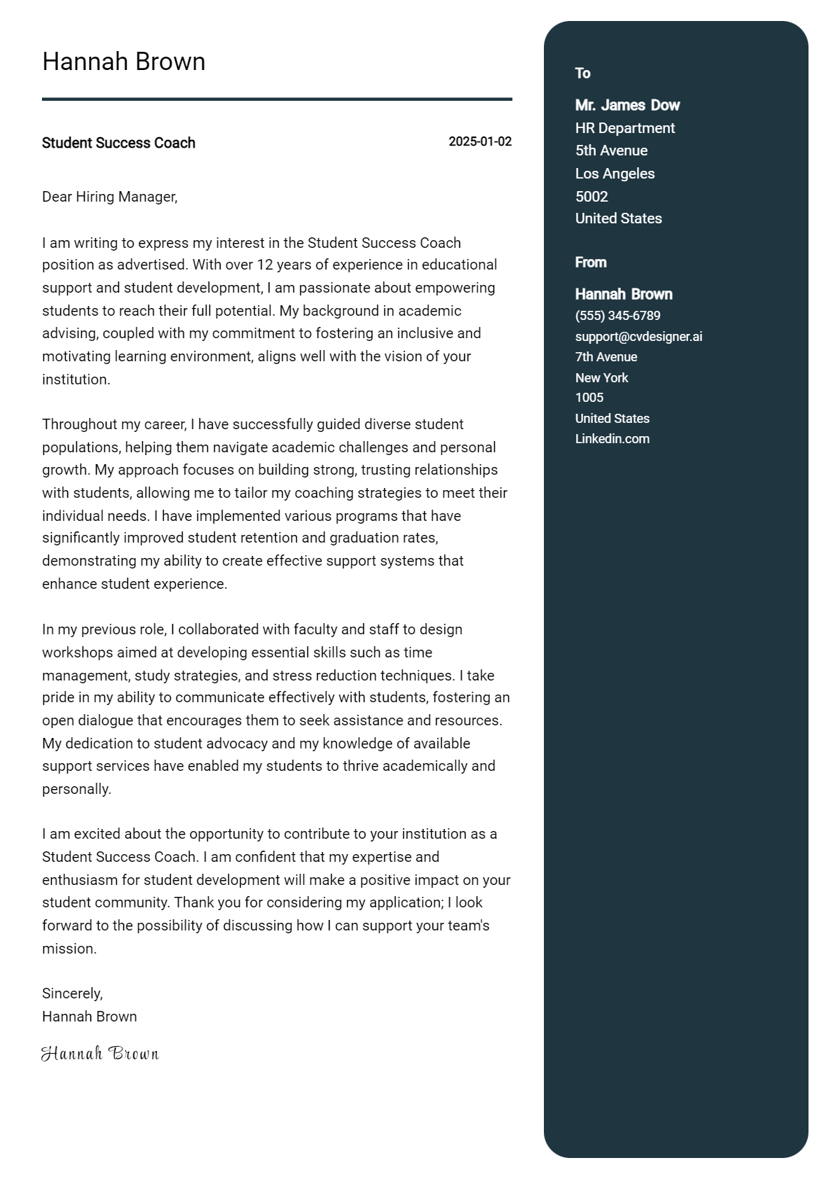 student success coach cover letter example