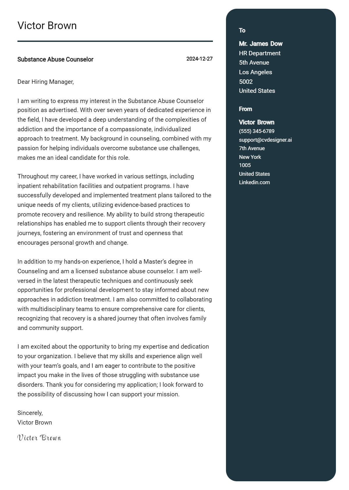 substance abuse counselor cover letter example