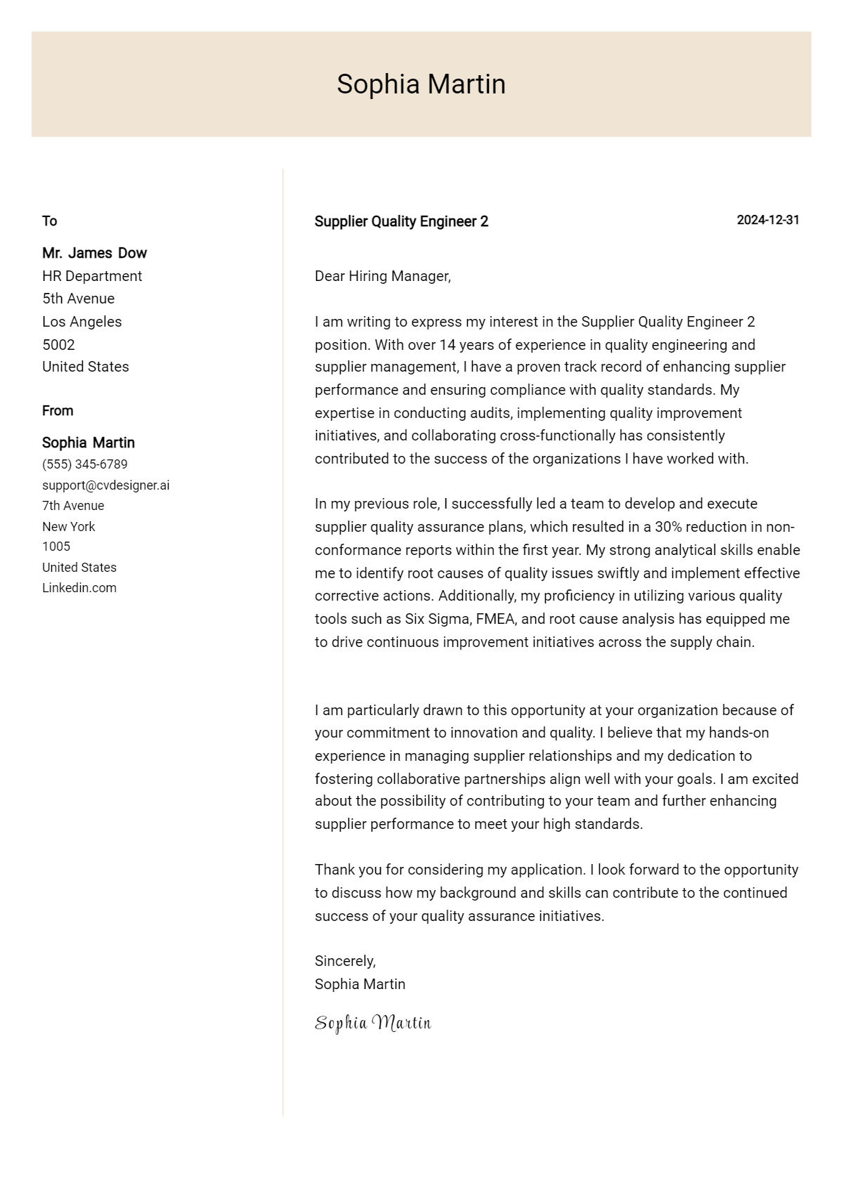 supplier quality engineer 2 cover letter example