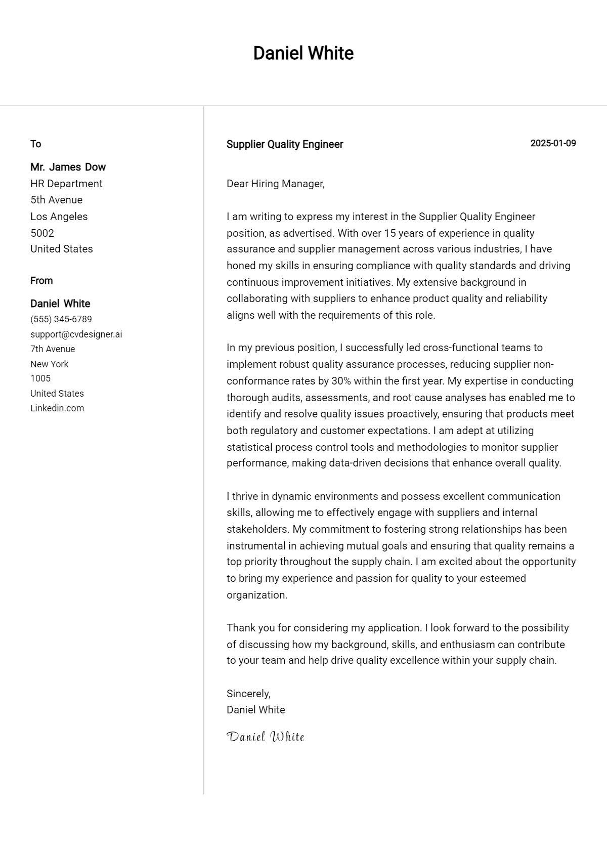 supplier quality engineer cover letter example