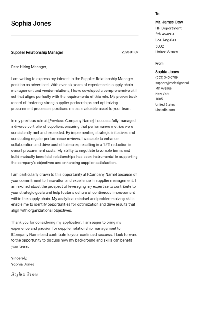 supplier relationship manager cover letter example