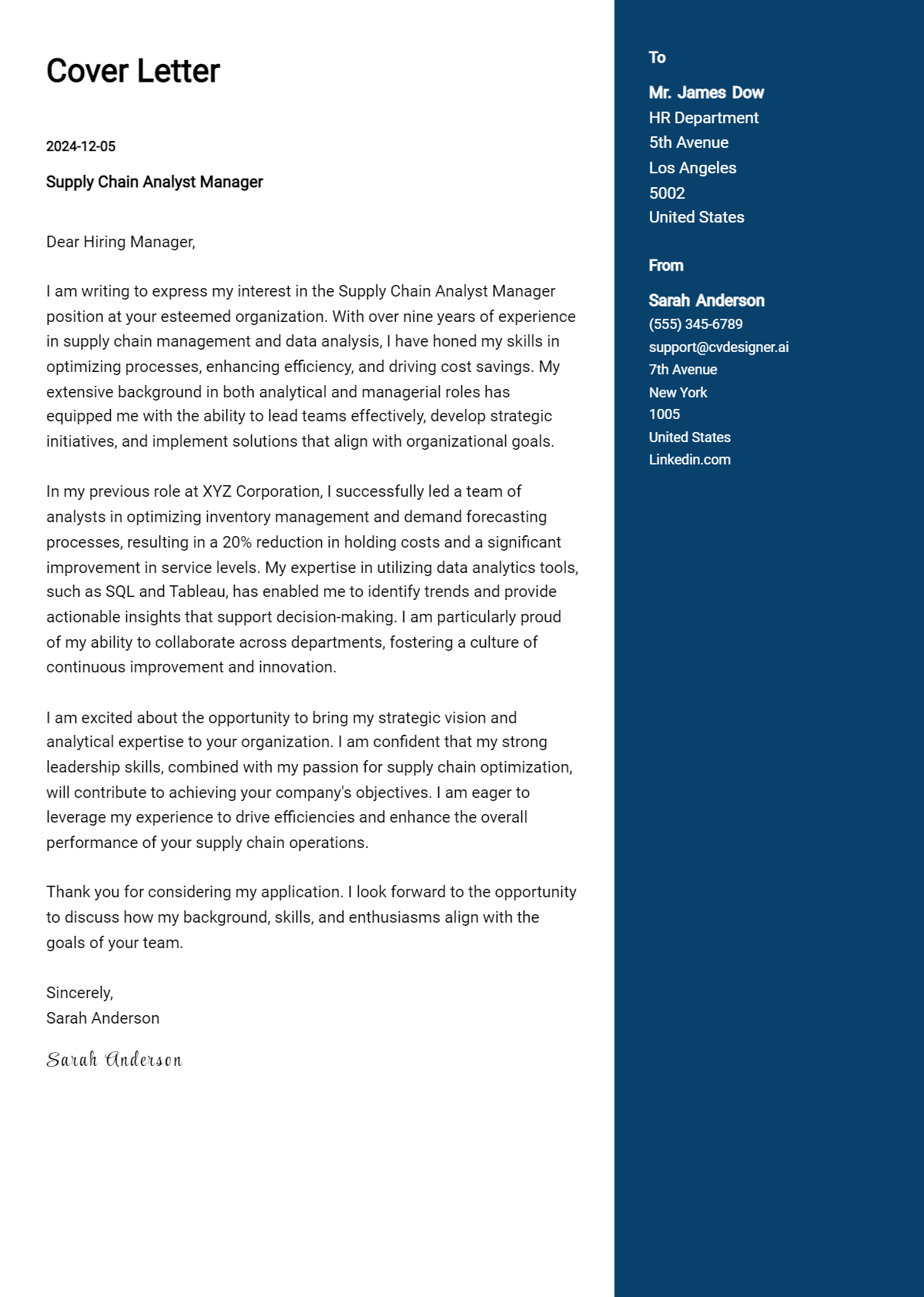 supply chain analyst manager cover letter example