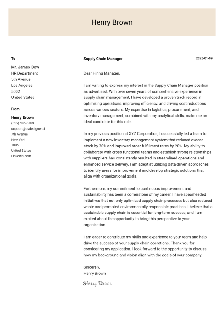 supply chain manager cover letter example