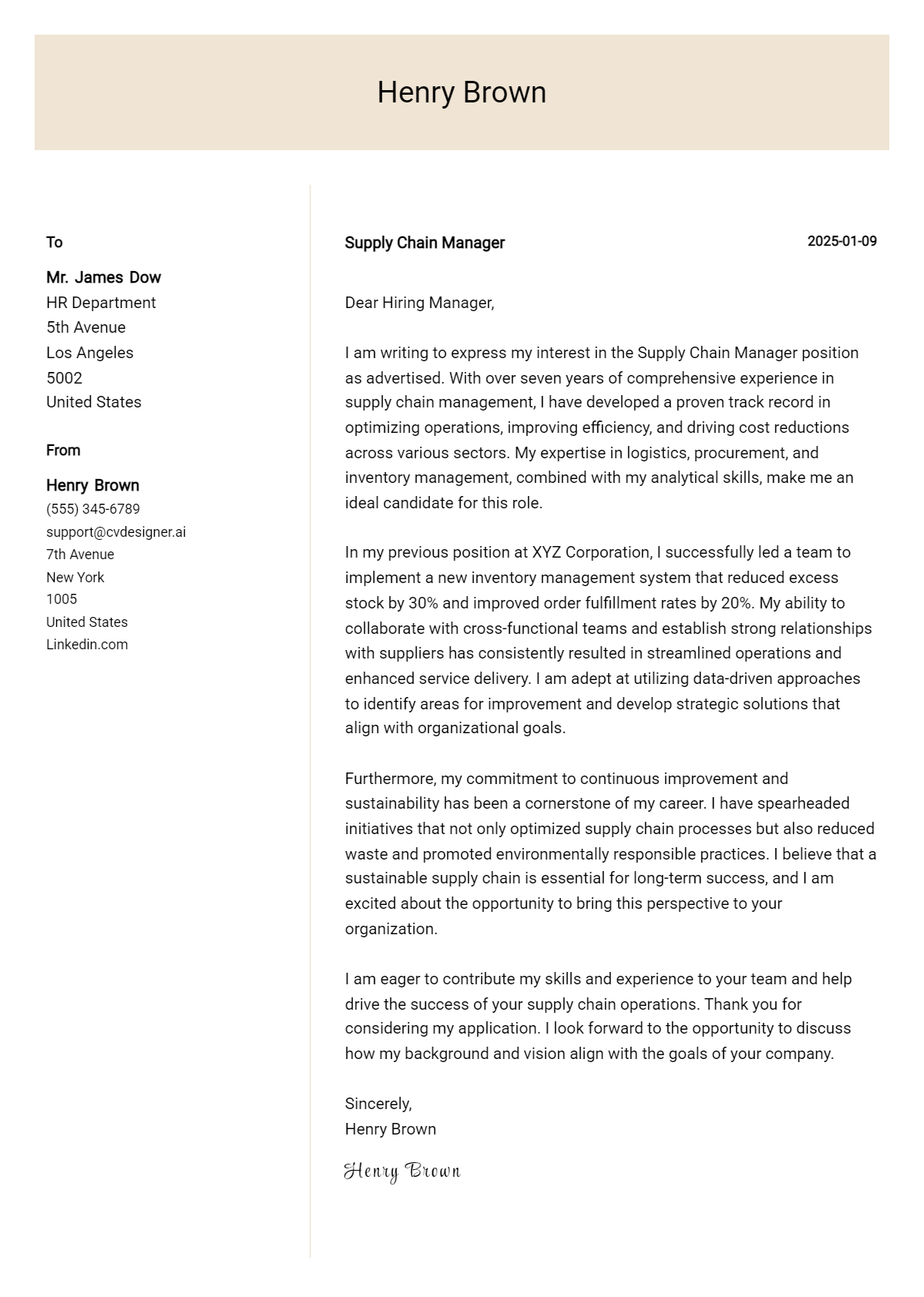 supply chain manager cover letter example