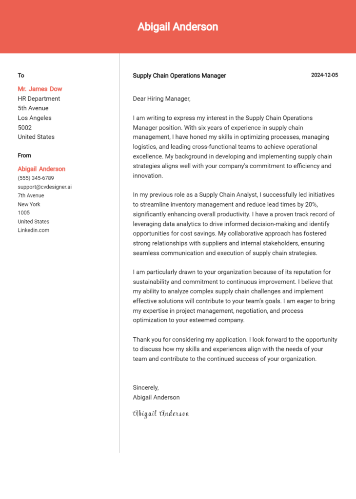 supply chain operations manager cover letter example