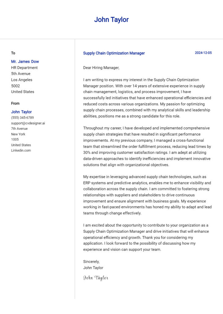 supply chain optimization manager cover letter example