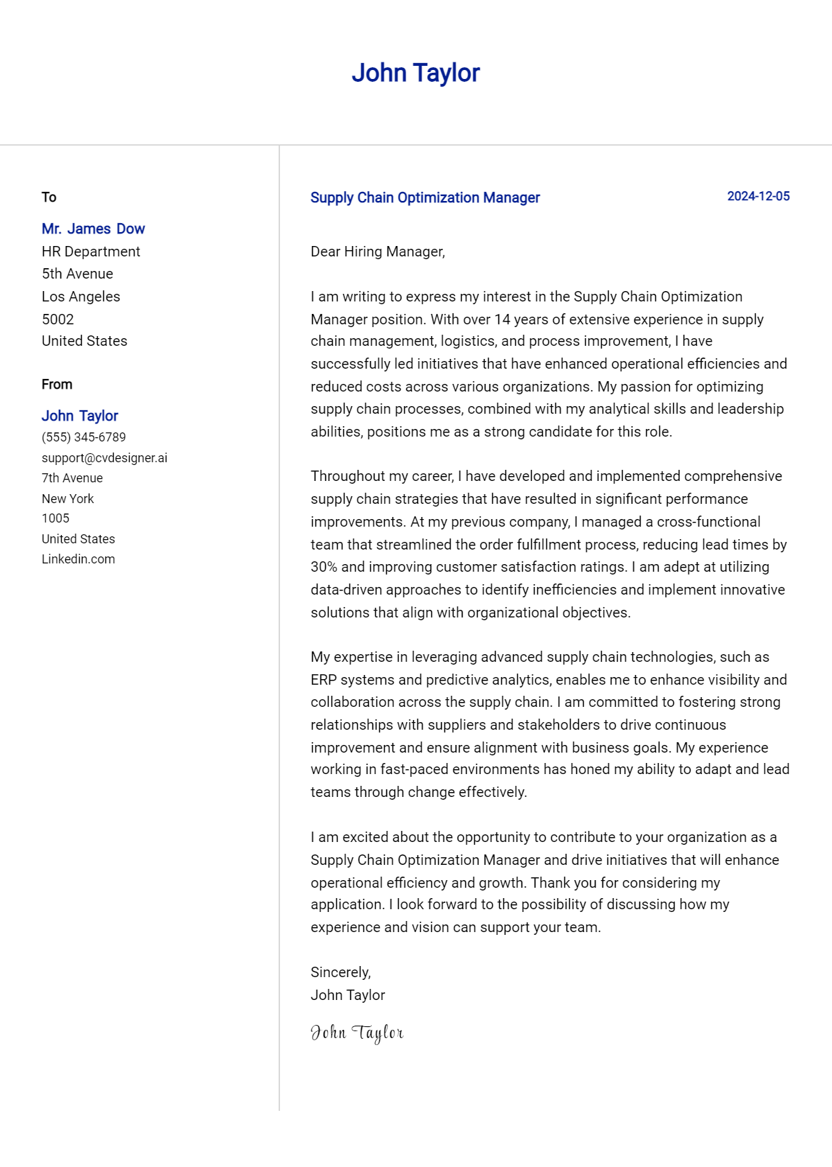 supply chain optimization manager cover letter example