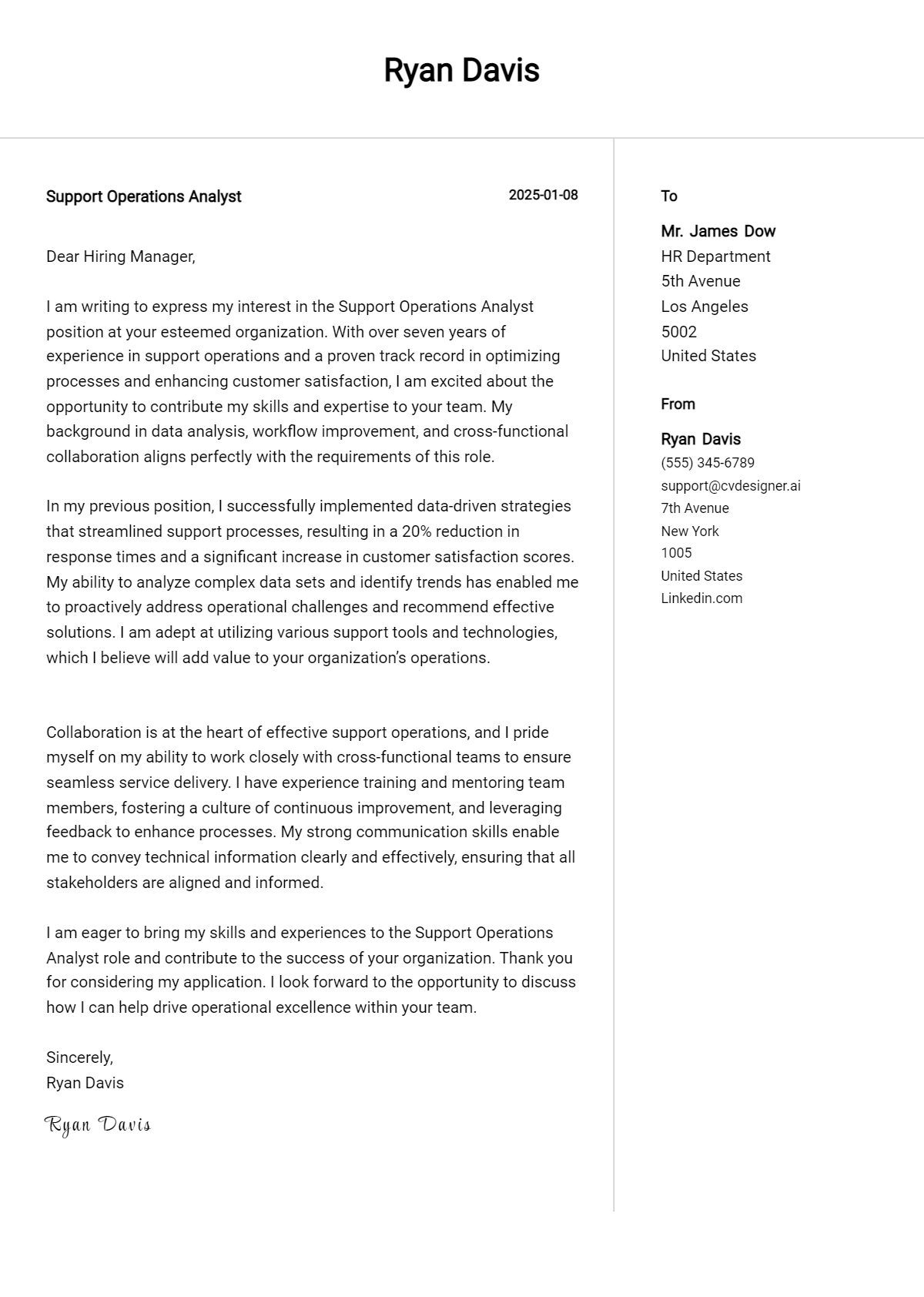 support operations analyst cover letter example