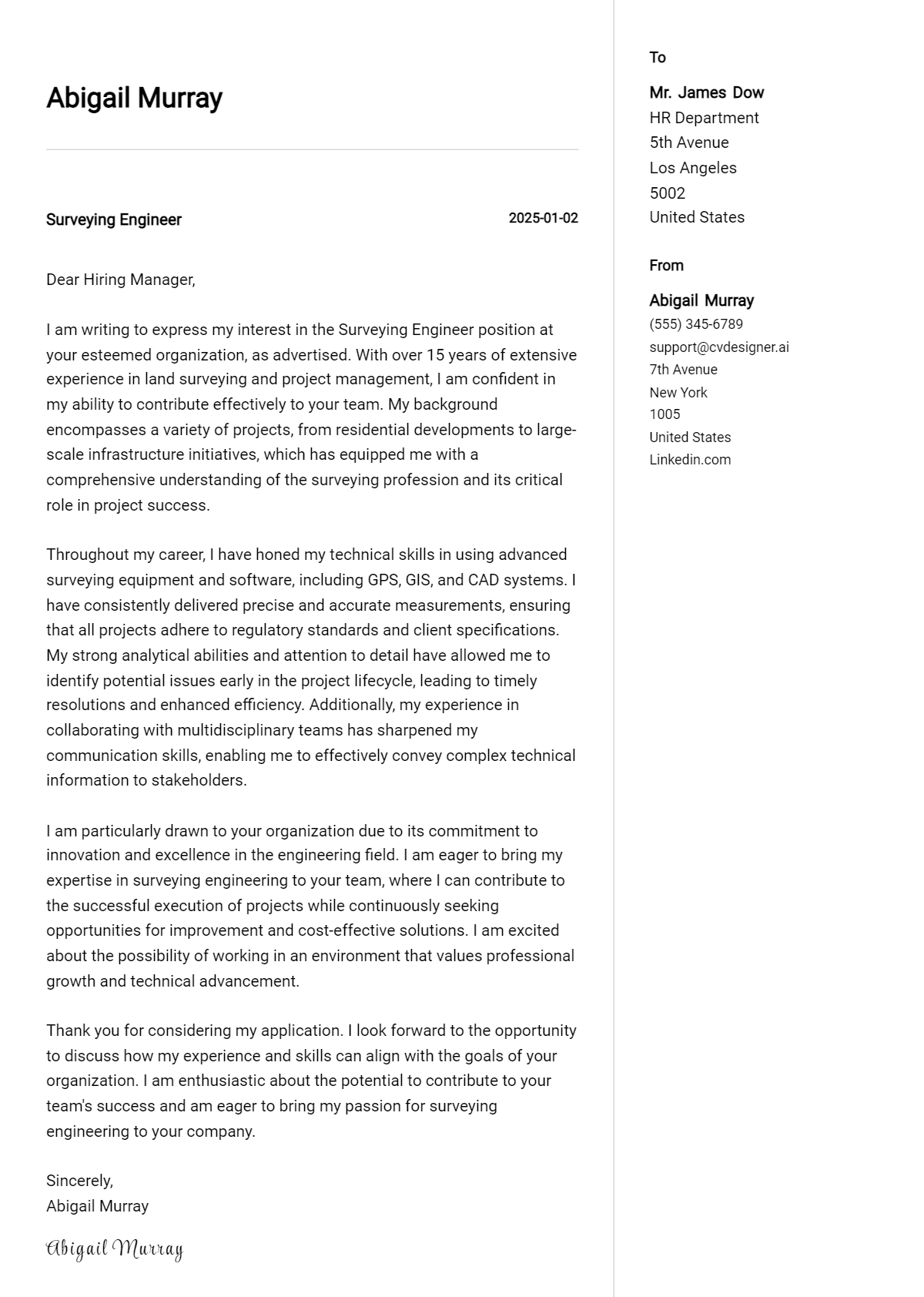 surveying engineer cover letter example