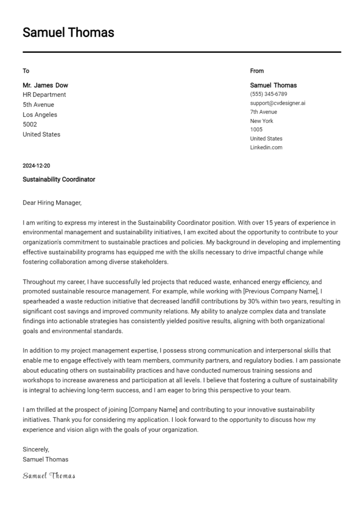 sustainability coordinator cover letter example