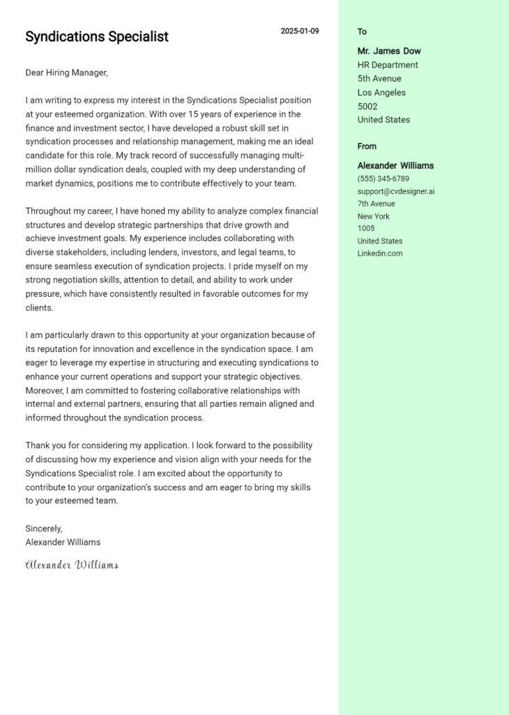 syndications specialist cover letter example