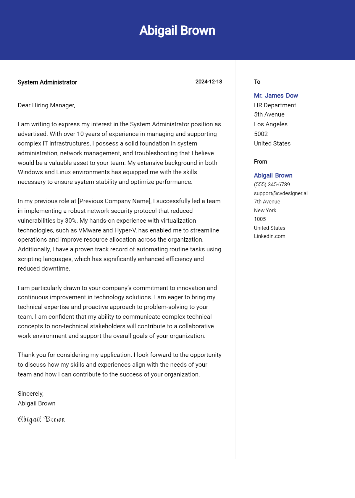 system administrator cover letter example